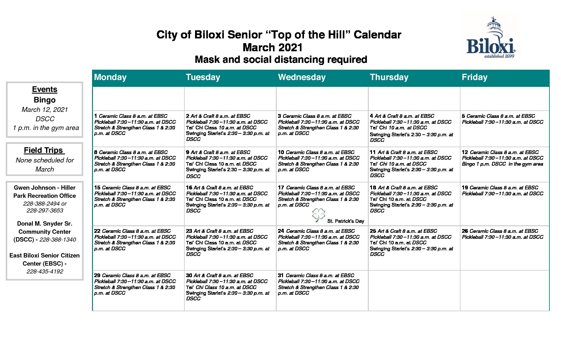 March Senior Citizen Programs Calendar