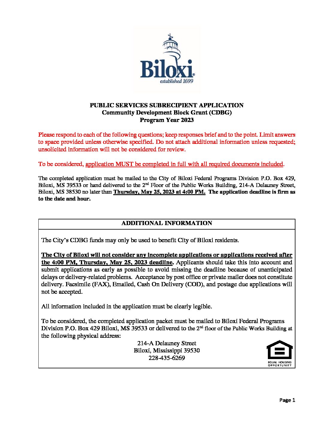 CDBG PY 2023 Public Service Application – Deadline due 05-25-23