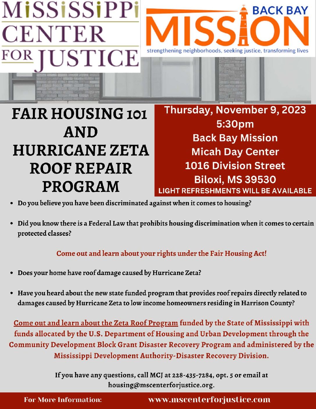 MCJ and Back Bay Mission Presentation Flyer