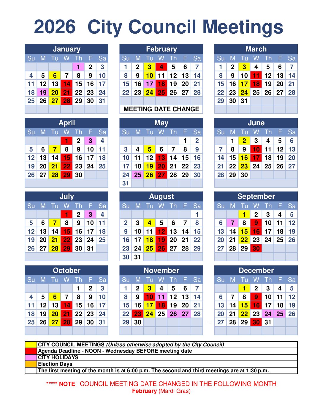 2026 Council Meeting Calendar